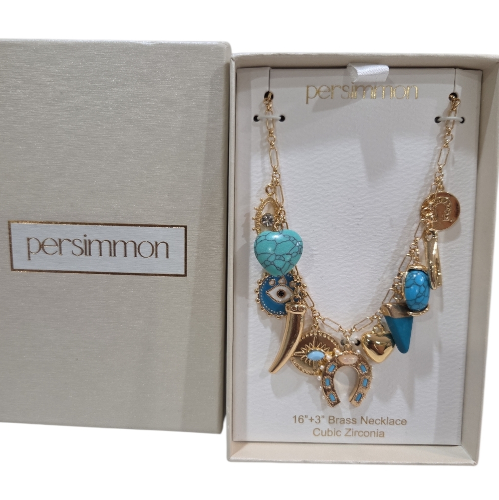 💙▪️Persimmon ▪️Gold/Turquoise Evil Eye Horseshoe Charm 16in Brass Necklace